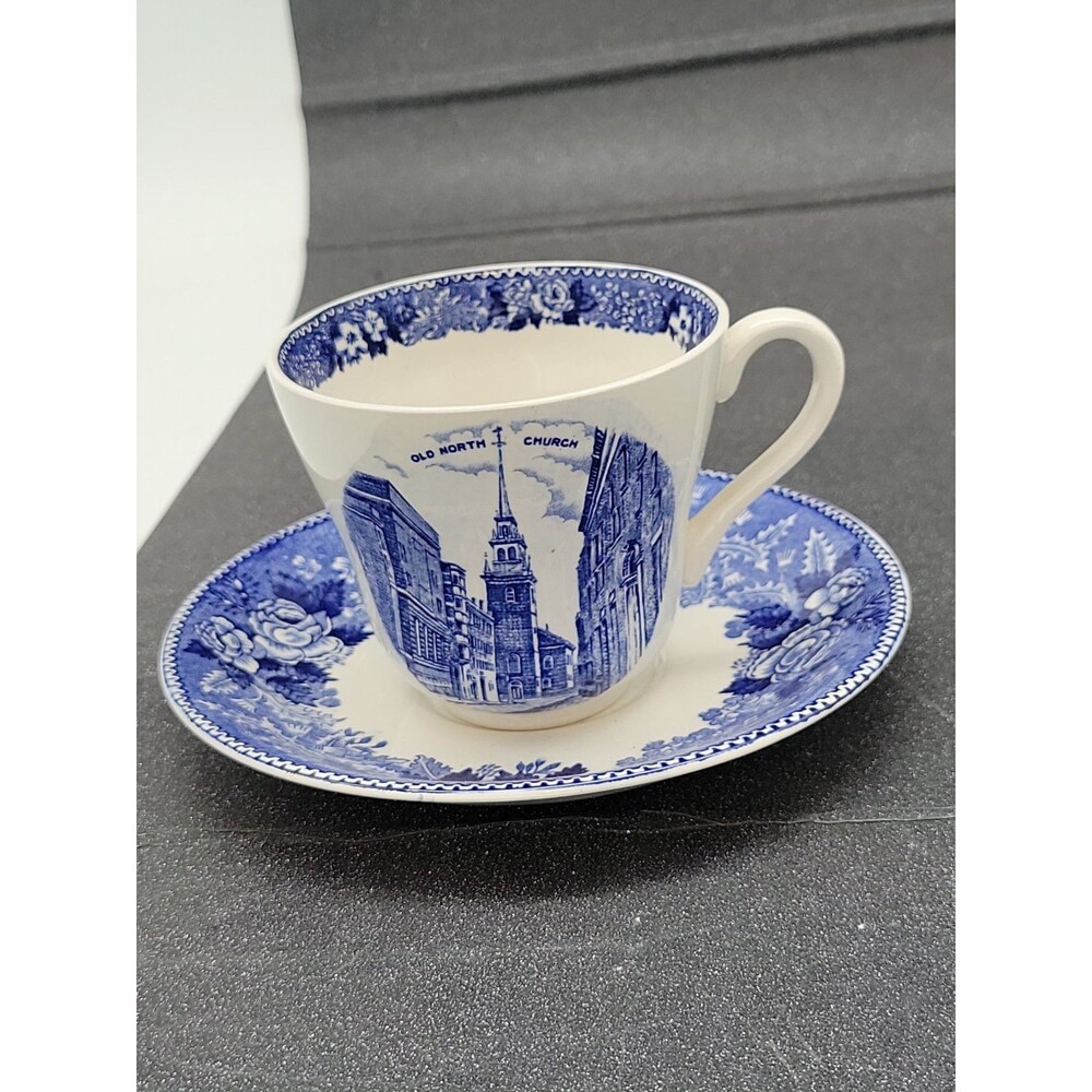 Vtg Jonroth Adams Staffordshire Blue Transfer Boston MA Teacup Saucer England